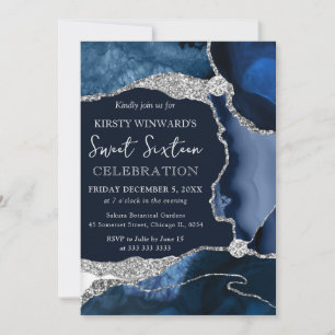 Elegant marinblå agat & silverglitter Sweet 16 Inbjudningar