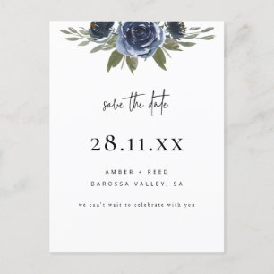 Elegant marinblå akvarellblomma Save the Date Meddelande Vykort