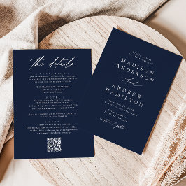 Elegant Marinblå Allt-i-ett QR-kod Bröllop Inbjudningar