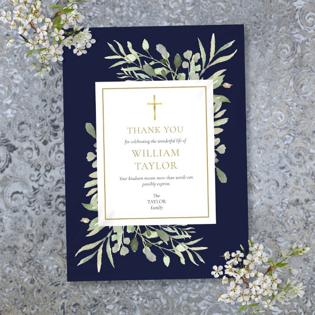 Elegant marinblå begravningsminne guldkors tack kort (Elegant Navy Blue Funeral Memorial Gold Cross Thank You Card)