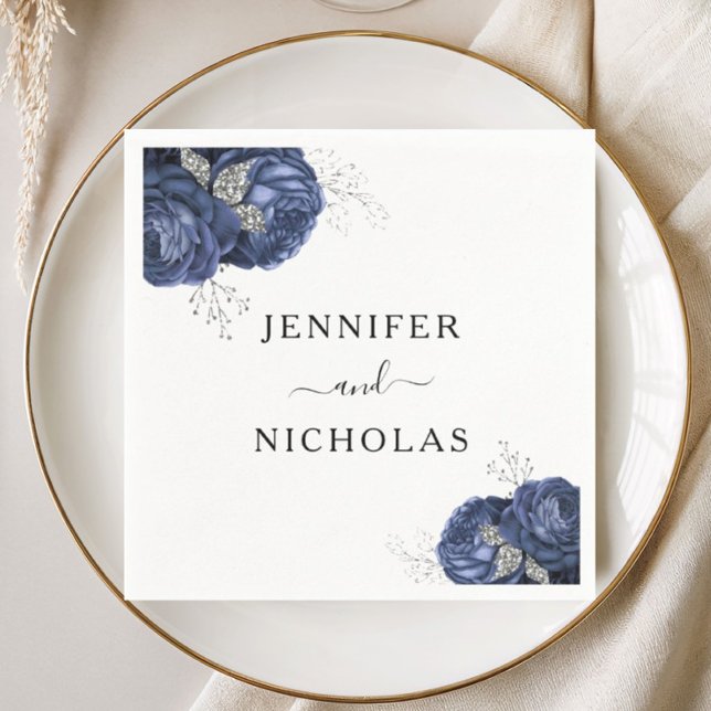 Elegant marinblå blomklänning bröllop pappersservett (Elegant Navy Blue Floral Wedding Napkins)