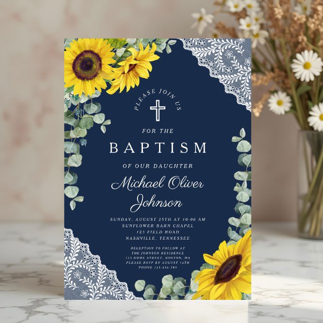 Elegant marinblå blomkorspojke dop inbjudningar (Elegant Navy Blue Floral Cross Boy Baptism Invitation)