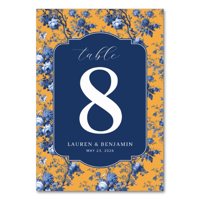 Elegant marinblå blommig bordskort (Framsidan)