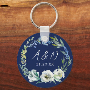 Elegant marinblå blomster monogram vinterbröllop nyckelring