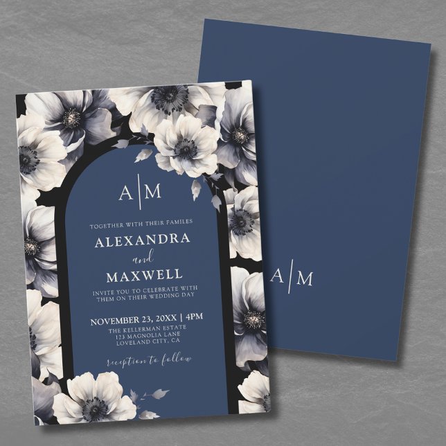 Elegant marinblå blomsterbröllop inbjudningar (Elegant Flowers Navy Blue Floral Wedding Invitation)