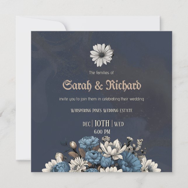 Elegant marinblå blomsterbröllopsinbjudan inbjudningar (Framsida)