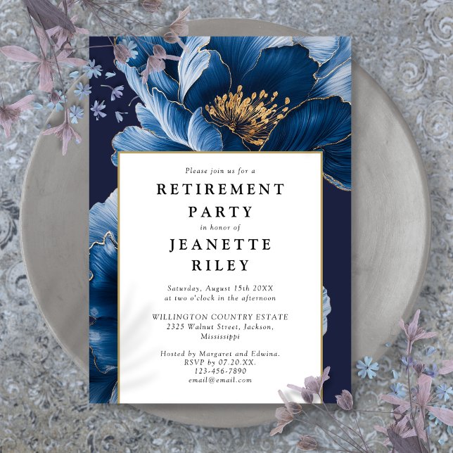 Elegant marinblå blomsterfest för pensionering inbjudningar (Elegant Navy Blue Floral Retirement Party Invitation)