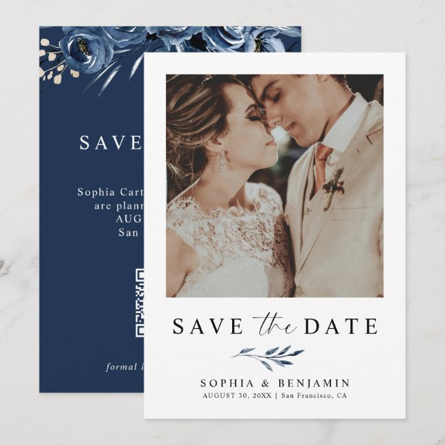 Elegant marinblå blomsterfoto & QR-kod bröllop Spara Datumet (Fram/baksida)