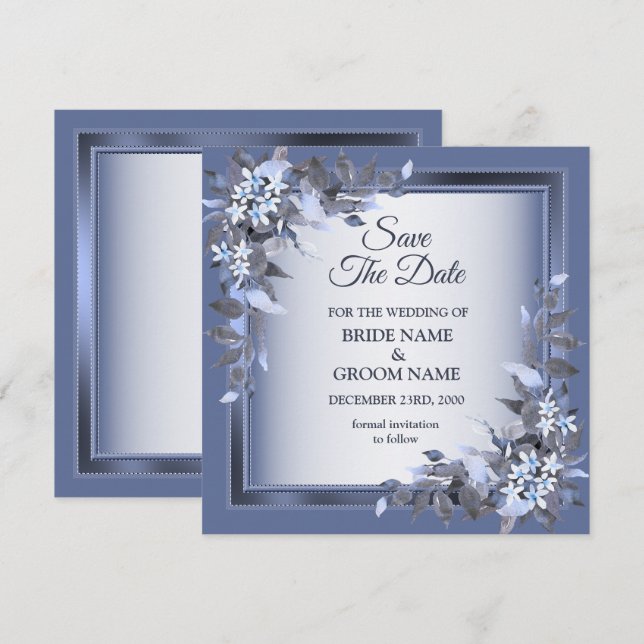 Elegant marinblå blomstergardin silverbröllop spara datumet (Fram/baksida)