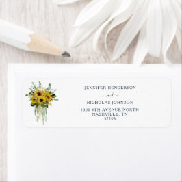 Elegant marinblå blomstergiftermål med solros returadress etikett