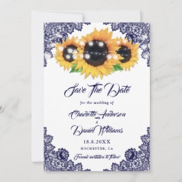 Elegant marinblå blomstergirlang solros bröllop spara datumet