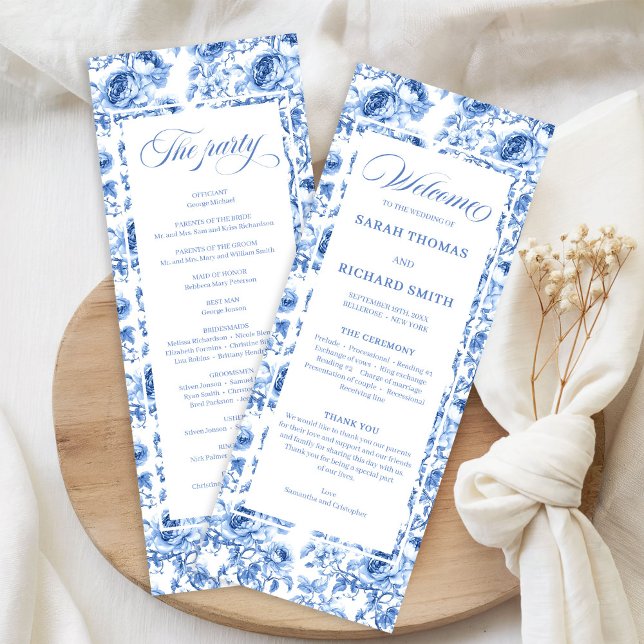 Elegant marinblå blomstergrafisk vigselprogram program (Chic Navy Blue Floral Toile Wedding Program)