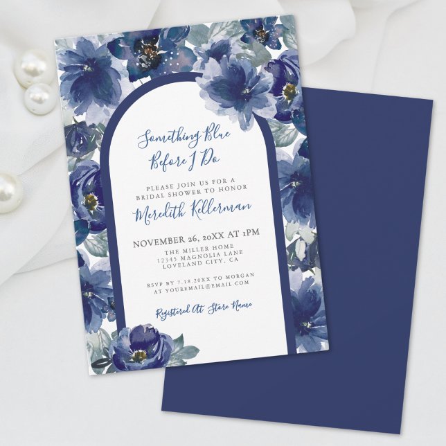 Elegant marinblå blomstergudstjänst för brud inbjudningar (Elegant Watercolor Navy Blue Floral Bridal Shower Invitation)
