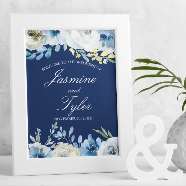 Elegant marinblå blomsterhälsning till vår bröllop poster (Skapare uppladdad)