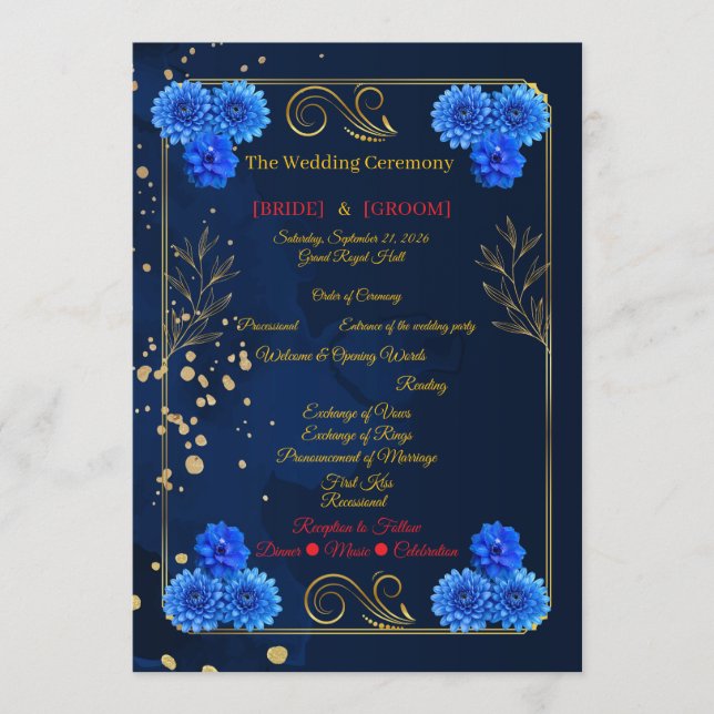 Elegant marinblå blomsterlig ceremoni-programmall program (Framsida)
