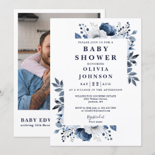Elegant marinblå blomstermönstrad QR-baby shower Inbjudningar