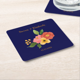 Elegant marinblå blomsterritat personligt bröllop  underlägg papper kvadrat