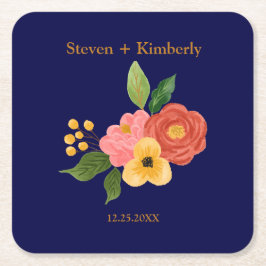 Elegant marinblå blomsterritat personligt bröllop  underlägg papper kvadrat