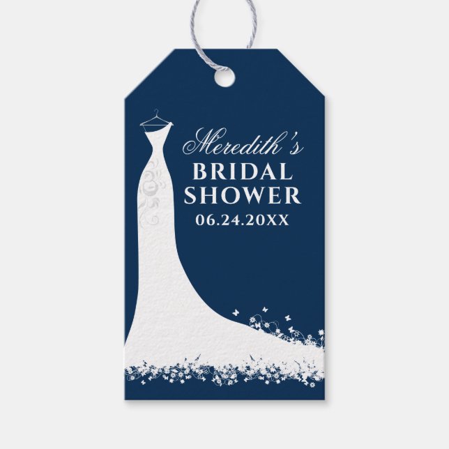 Elegant marinblå bröllopsklänning showerpresent presentetikett (Framsidan)