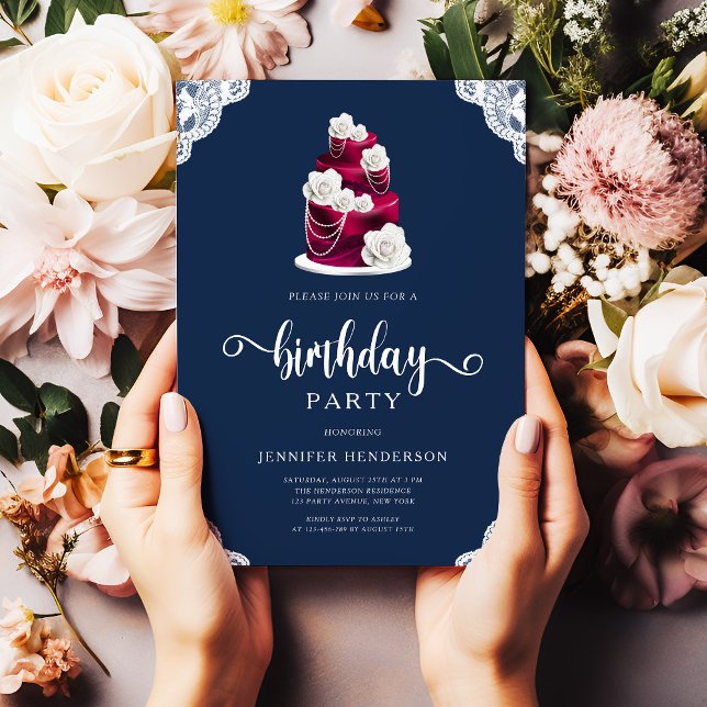 Elegant marinblå burgunderfärgad blomsterfödelseda inbjudningar (Elegant Navy Blue Burgundy Floral Birthday Invitation)