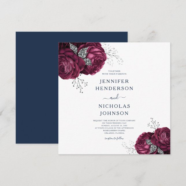 Elegant marinblå burgunderfärgade blommande bröllo inbjudningar (Fram/baksida)