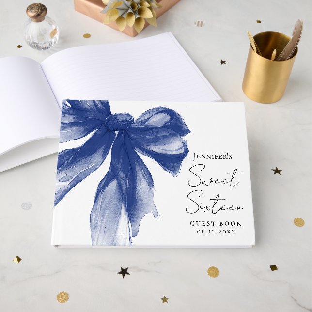 Elegant marinblå coquette-skrift Sweet 16  Gästböcker (Framsida Öppen)