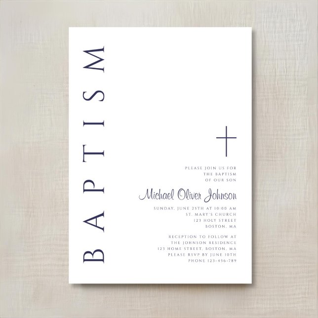Elegant marinblå dop med script inbjudningar (Elegant Navy Blue Script Baptism Invitation)