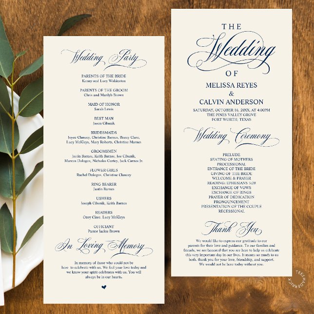 Elegant marinblå elfenbensfärgad bröllopskrift program (Elegant Classy Navy Blue Ivory Script Wedding Program Card)