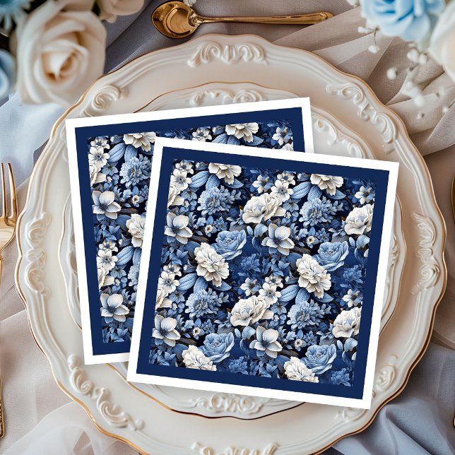 Elegant marinblå elfenbensvitt blomstermönstrat ly pappersservett (Navy blue and ivory flowers,
Deep Blue flowers botanical garden,
Royal blue dusty blue floral,
Water)
