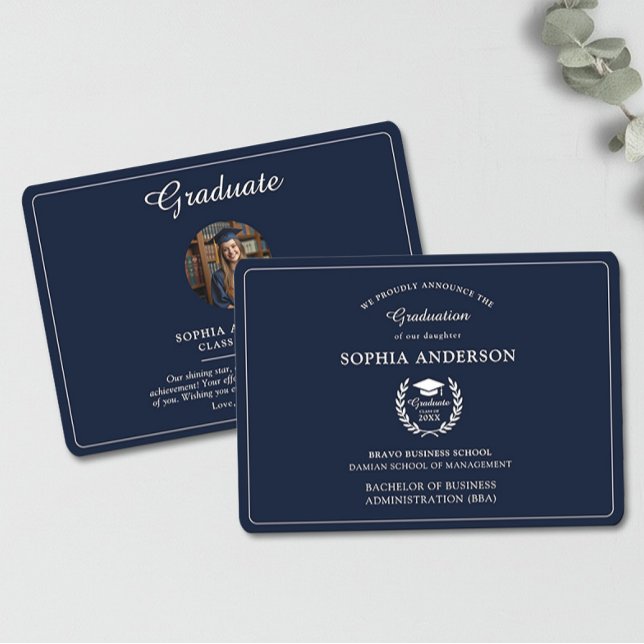 Elegant marinblå examensfotobeannonsning inbjudningar (Skapare uppladdad)