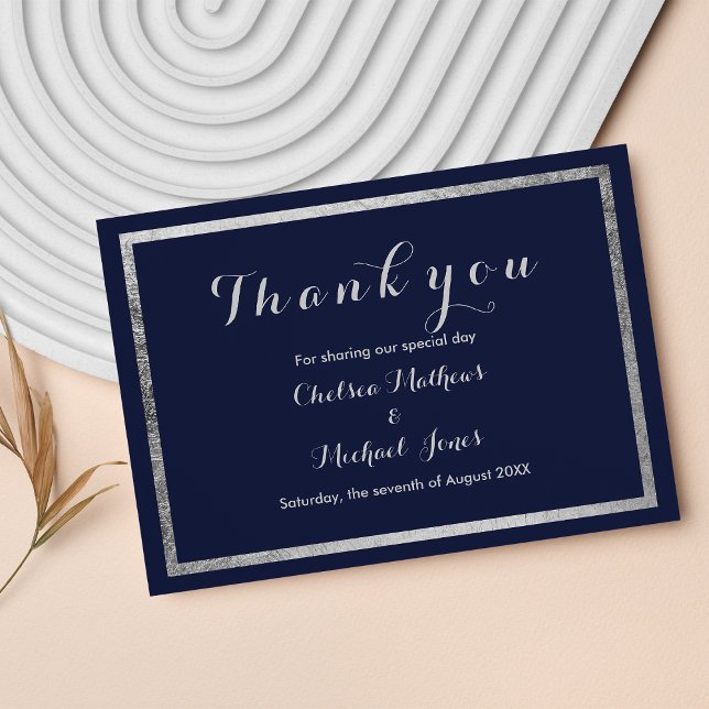 Elegant, marinblå faux silver Tack (Elegant modern navy blue faux silver Thank you)