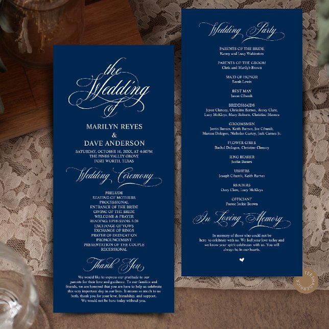 Elegant marinblå formell vigselceremoni program (Elegant  Navy BlueFormal Wedding Ceremony Classic Program Card)