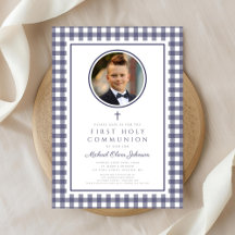 Elegant marinblå fotobild pojke första kommunion