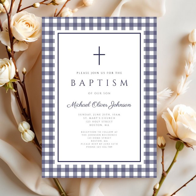 Elegant marinblå gingham pojke dop inbjudningar (Elegant Navy Blue Gingham Boy Baptism Invitation)