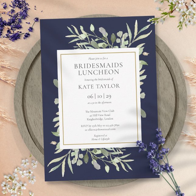 Elegant marinblå grönska brudtärnor luncheon inbjudningar (Elegant Navy Blue Greenery Bridesmaids Luncheon Invitation)