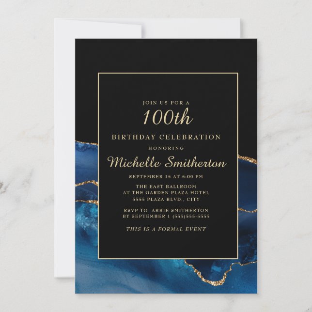 Elegant marinblå guld agat marmor 100-årsdag inbjudningar (Framsida)