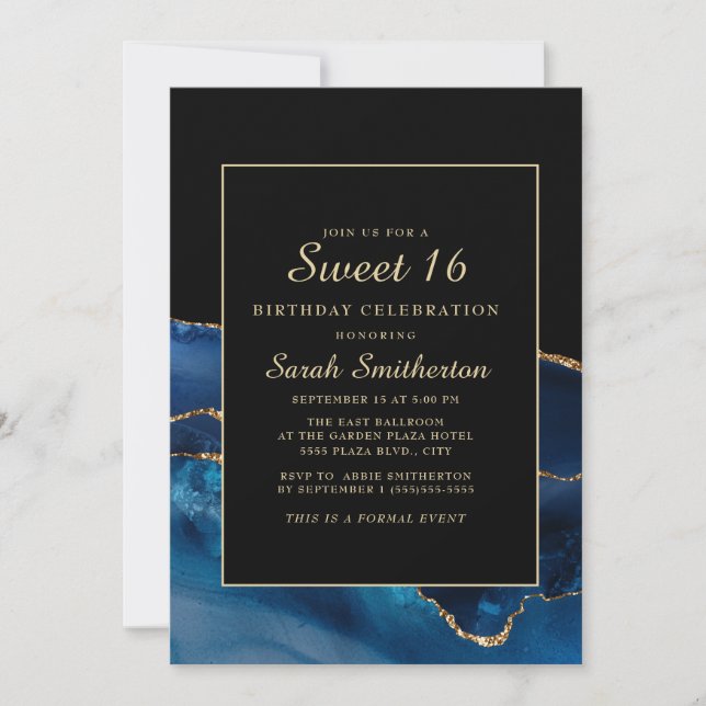 Elegant marinblå guld agat marmor Sweet 16 Inbjudningar (Framsida)