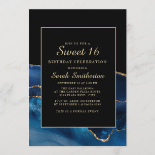 Elegant marinblå guld agat marmor Sweet 16 Inbjudningar