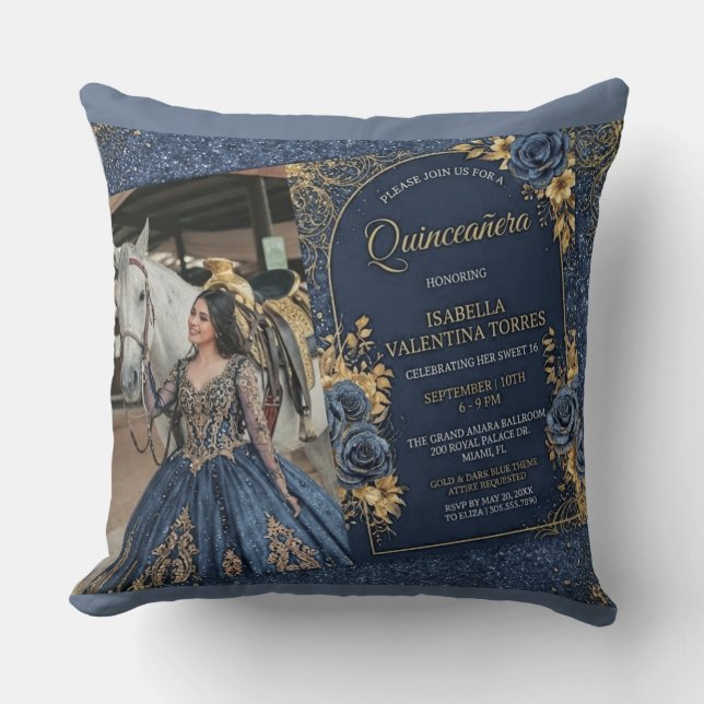 Elegant marinblå & guld Quinceañera-fotografi Kudde (Framsida)