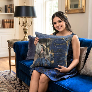Elegant marinblå & guld Quinceañera-fotografi Kudde