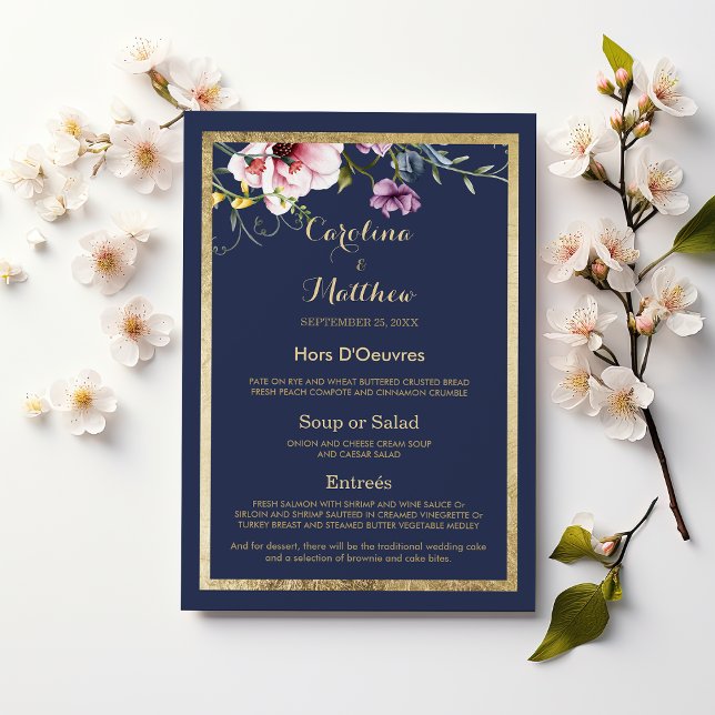 Elegant marinblå guld rosa blomsterbröllopsmeny meny (Elegant navy blue gold pink floral Wedding Menu )