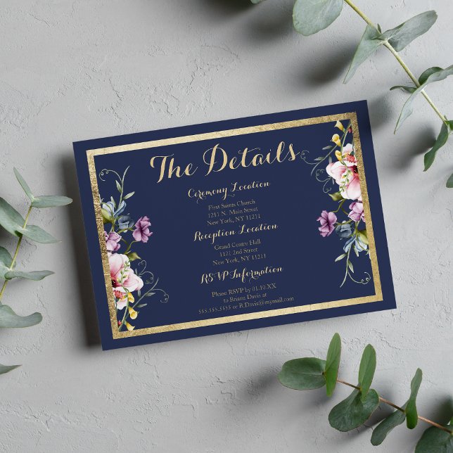 Elegant marinblå guld rosa blomsterdetaljer kort (Elegant navy blue gold pink floral Details)