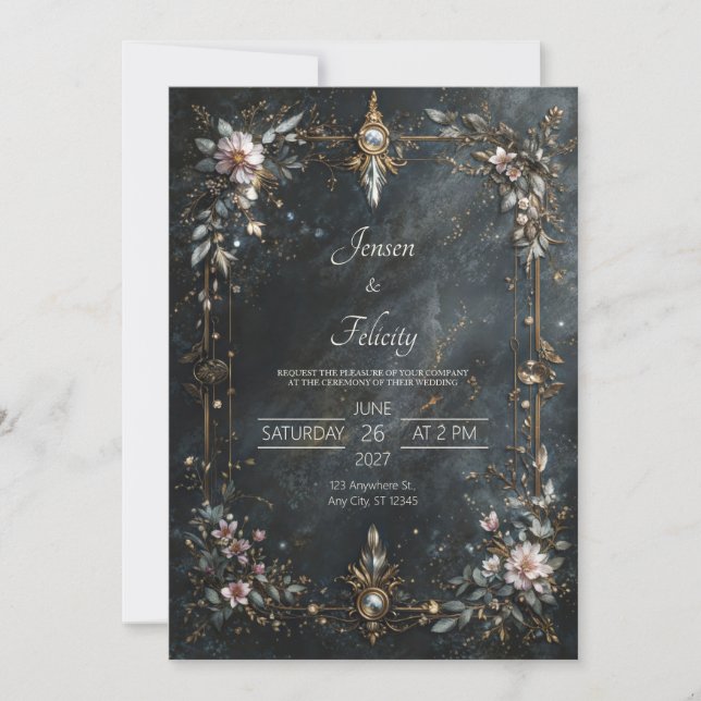 Elegant marinblå guld rosa blomsterlig nattbröllop inbjudningar (Framsida)