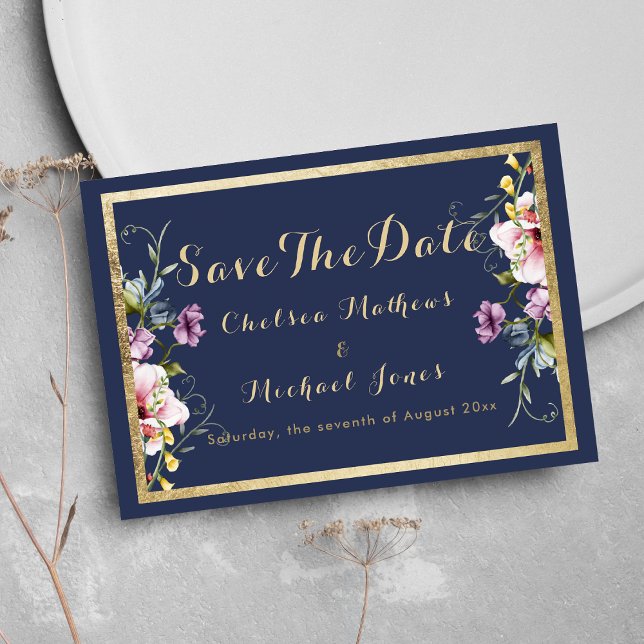 Elegant marinblå guld rosa blomsterlig Save The Da Spara Datumet (Elegant navy blue gold pink floral Save The Date )