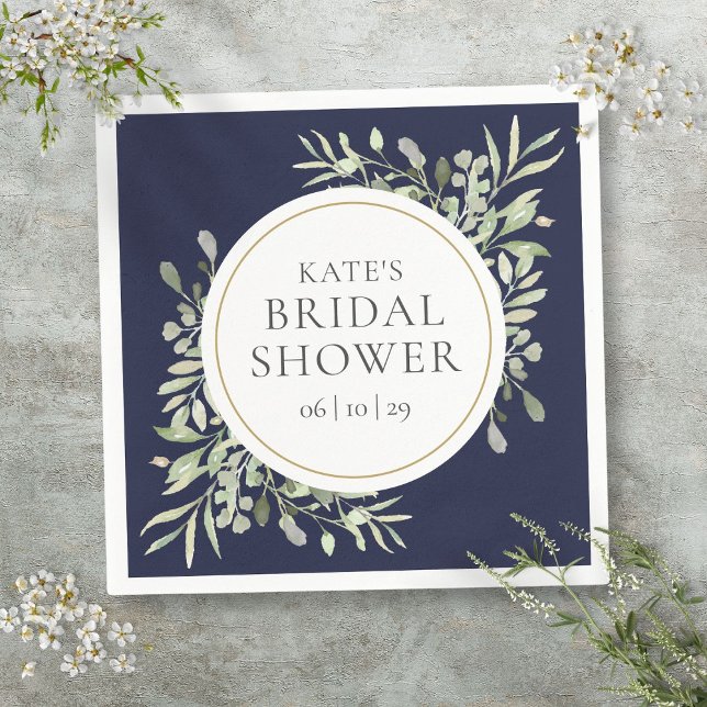 Elegant marinblå guldgrönhet bröllopsfest pappersservett (Elegant Navy Blue Gold Greenery Bridal Shower Napkins)