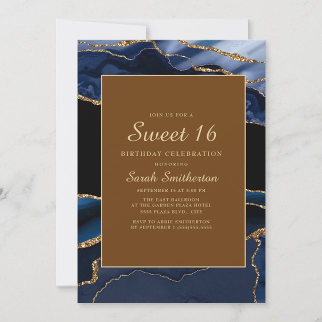 Elegant marinblå guldmarmor agat Sweet 16 Inbjudningar (Framsida)