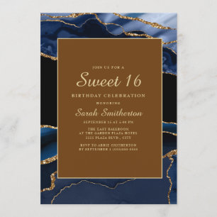 Elegant marinblå guldmarmor agat Sweet 16 Inbjudningar