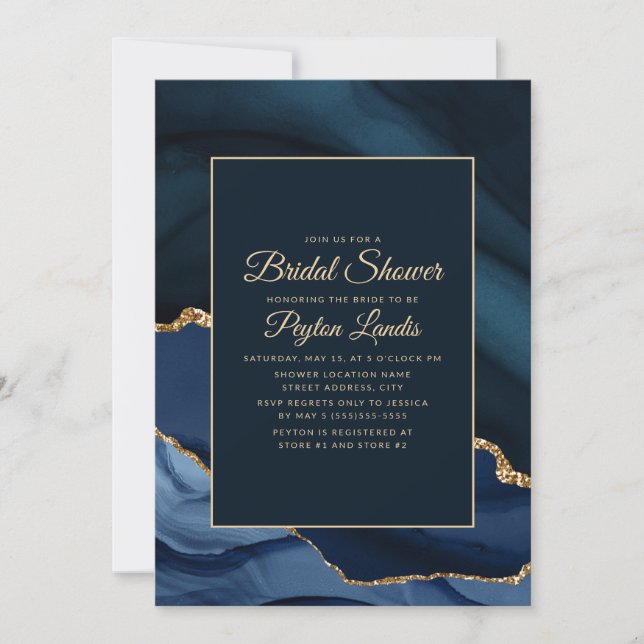 Elegant marinblå guldmarmor bröllopsdusch inbjudningar (Framsida)