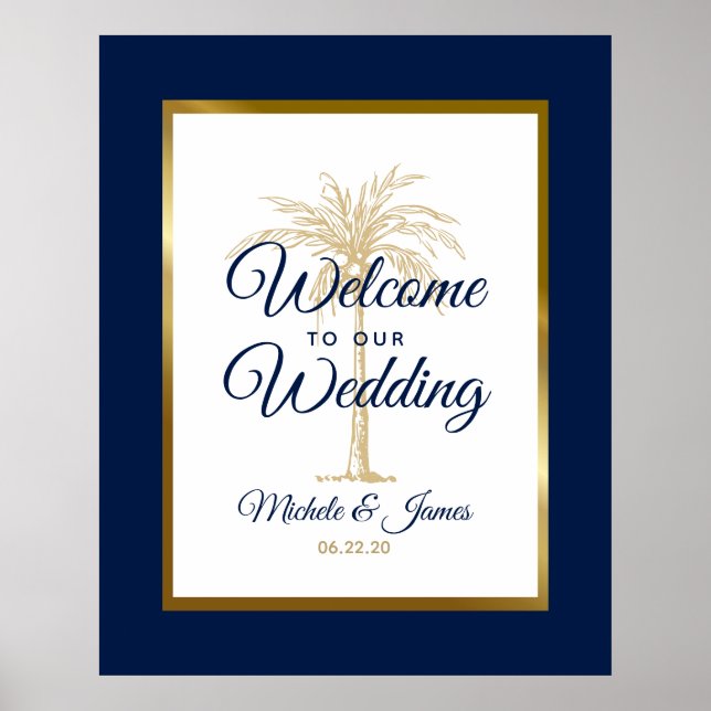 Elegant marinblå guldpalmträd Bröllop Välkommen Poster (Framsidan)