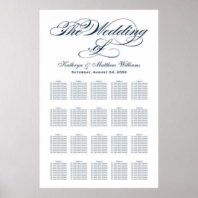 Elegant marinblå kalligrafi bröllopsplatskarta poster (Framsidan)